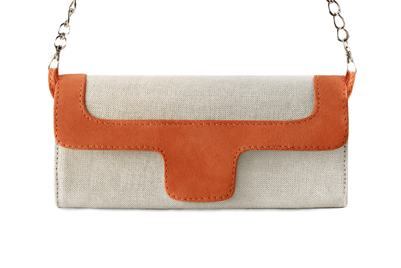 Women's natural beige and clementine orange luxurious elegant clutch for ceremonies, weddings and evenings out. - Profile view